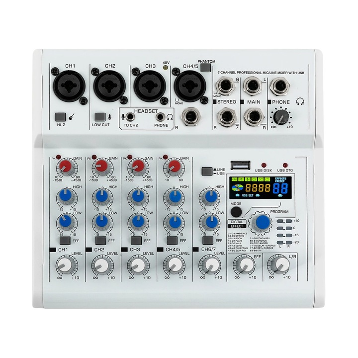 7 csatornás audio keverőpult, 88 digitális effekt, USB csatlakozás, fehér, 18,3x20,8x4,5 cm