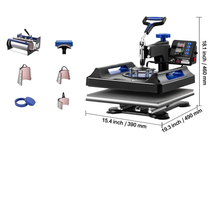 Термичен принтер, Vevor, 15x15 инча, 8 в 1, дизайн с въртящо се рамо, цифрово управление, син