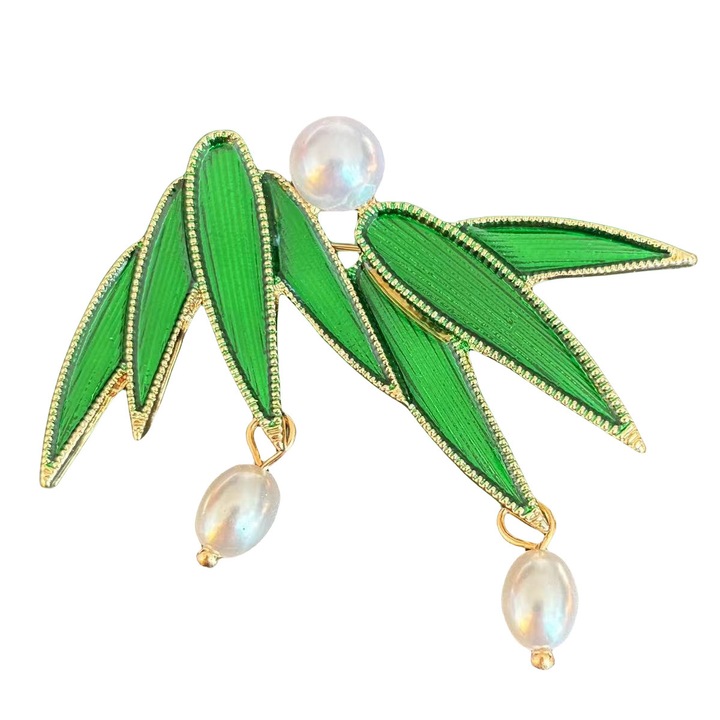 Brosa Dama Feicaeesa® Frunze de Bambus cu Perle Albe - Contur Auriu Stralucitor, Design Elegant pentru Ocazii