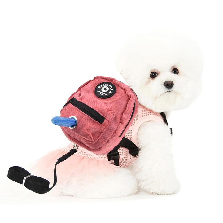 Rucsac pentru caini cu lesa, dispenser pentru pungi de rahat pentru caini, transportor reglabil pentru caini mici si mijlocii, L (10-15 lbs), Roz