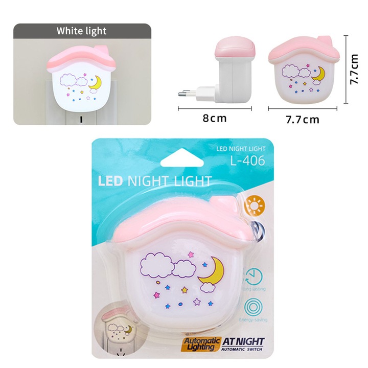 Lampa de veghe LED automata cu senzor - lumina alba calda, consum redus, ideala pentru camera fetitelor - design nor roz, 7.7cm