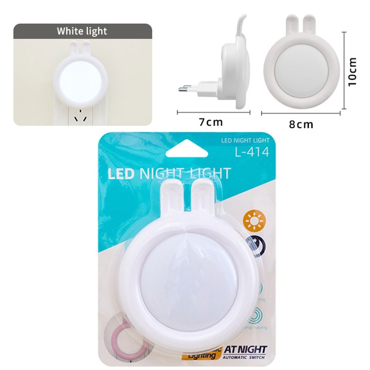 Lampa de veghe LED cu senzor automat - design urechi de iepuras alb, lumina alba calda, decor copil, economie de energie (7x8x10cm)