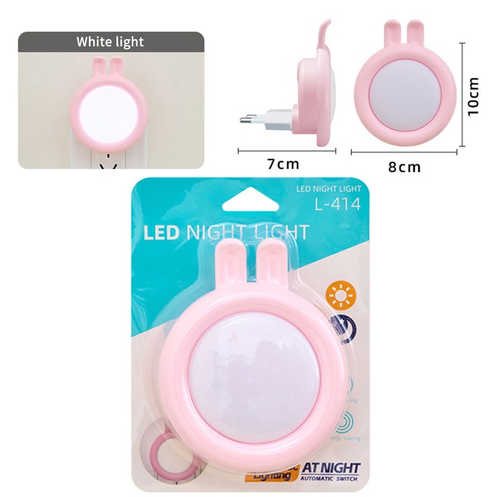 Lampa de veghe LED cu senzor automat - model dragut urechi de iepure roz, lumina alba calda, pentru copii si decor interior (7x8x10cm)