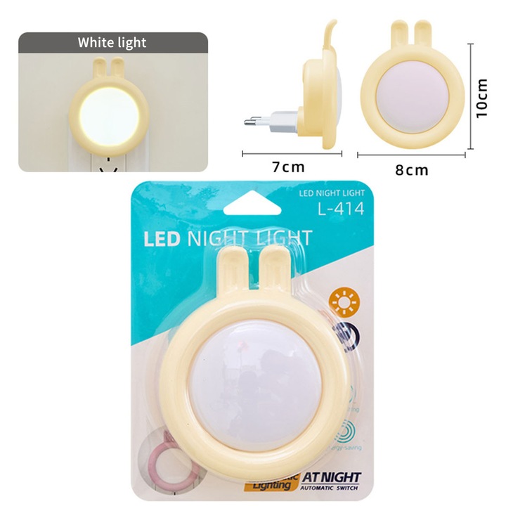 Lampa de veghe LED cu senzor - design iepuras galben pastel, lumina calda pentru copii, economie de curent, dimensiune 7x8x10cm