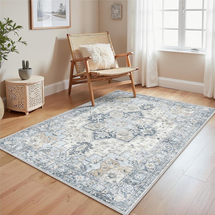 VANLYTPET, Covor de sufragerie lavabila la masina antiderapant covor vintage, covor usor imprimat chenille, potrivit pentru dormitor, sufragerie, birou acasa, 90x150cm, Albastru