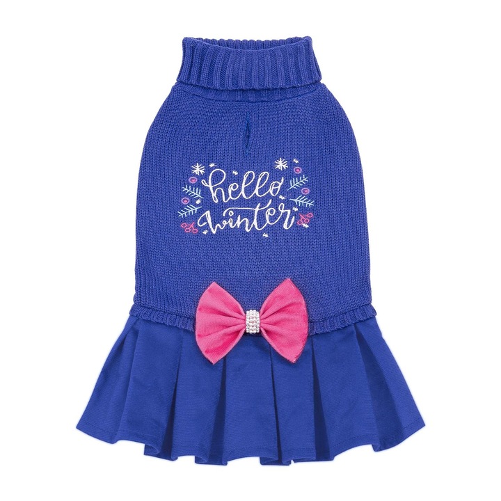 Cutebone Bordado Hello Winter Knit Dog Pullover Dress Ropa Térmica Para Perros Con Bowtie Pulover Mascota Abrigo De Invierno Ropa Para Gatos Suéter Para Cachorros Ds52Xl-De