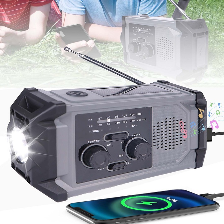 Radio Portabil Camping Cu Lampa LED, Radio multifunctional AM-FM, Lanterna, Baterie 4000mAh, cu incarcare solara si manuala, alarma SOS, ideal pentru drumetii, pescuit sau iesiri in natura, Gri