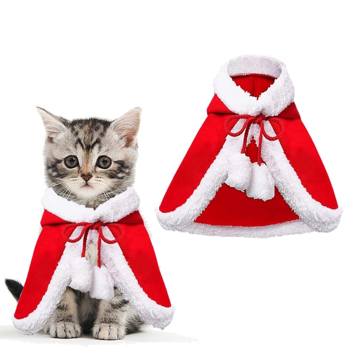 Коледен костюм на котка, Коледен костюм, Костюм на котка и куче, Червени плюшени топли коледни дрехи, Шапка на Дядо Коледа за домашни любимци, Регулируема пелерина, Зимен тоалет за коледно парти