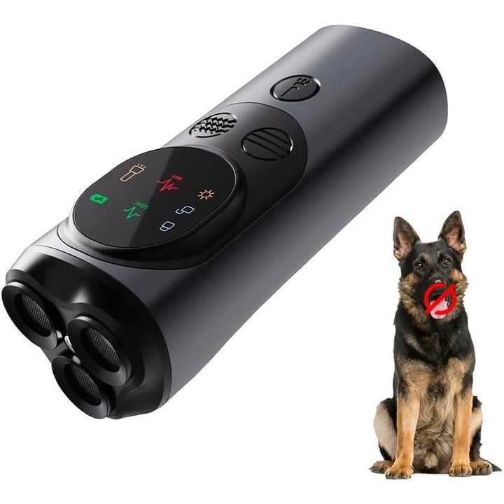 Aparat cu ultrasunete impotriva cainilor agresivi, JENUOS®, Ideal si pentru dresaj, cu ultrasunete, lanterna si laser, portabil, pentru exterior