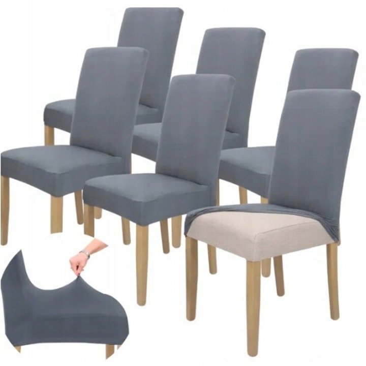 Set 6 buc, Huse pentru scaune, HomeDesign, Elastic, Ideal pentru living, dormitor, Material gros si moale, Usor de curatat, Elastan, 58 cm x 45 cm x 48 cm, Gri inchis