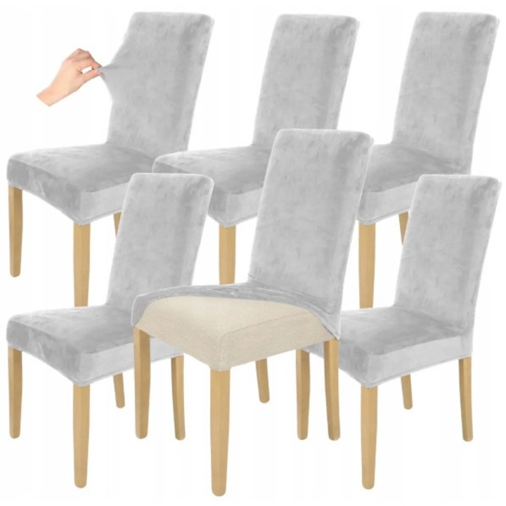Set 6 buc, Huse pentru scaune, HomeDesign, Flexibil, Material gros si moale, Ideal pentru camera de zi, dormitor, Usor de curatat, Velur, 58 cm x 45 cm x 48 cm, Gri deschis