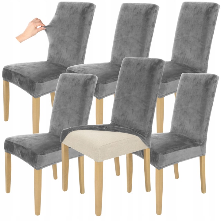 Set 6 buc, Huse pentru scaune, HomeDesign, Flexibil, Ideal pentru living, dormitor, Usor de curatat, Material gros si moale, Velur, 58 cm x 45 cm x 48 cm, Gri inchis
