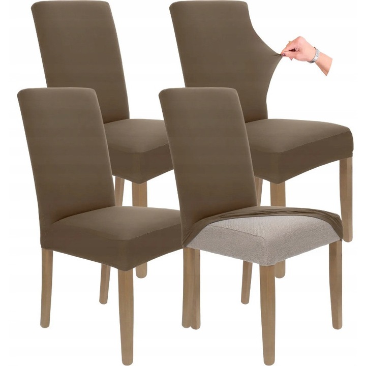 Set 4 buc, Huse pentru scaune, HomeDesign, Elastic, Ideal pentru living, dormitor, Usor de curatat, Material gros si moale, Elastan, 58 cm x 45 cm x 48 cm, Maro