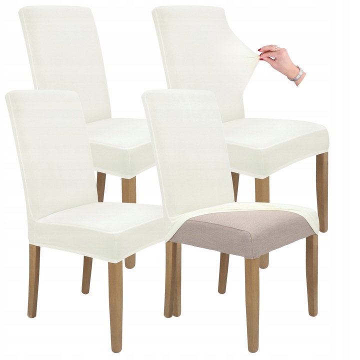 Set 4 buc, Huse pentru scaune, HomeDesign, Elastic, Ideal pentru living, dormitor, Usor de curatat, Material gros si moale, Elastan, 58 cm x 45 cm x 48 cm, Ecru