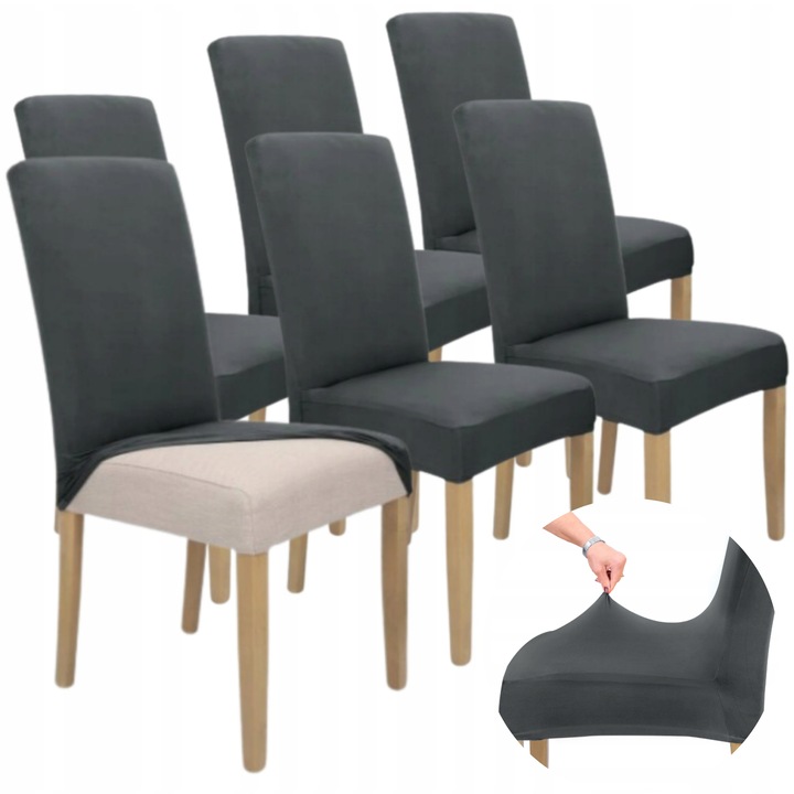 Set 6 buc, Huse pentru scaune, HomeDesign, Elastic, Ideal pentru living, dormitor, Usor de curatat, Material gros si moale, Elastan, 58 cm x 45 cm x 48 cm, Gri inchis