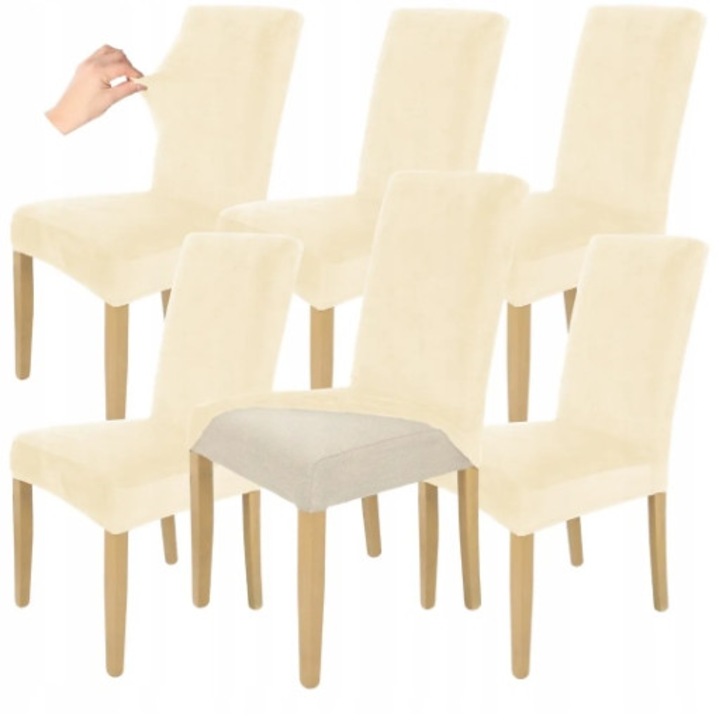 Set 6 buc, Huse pentru scaune, HomeDesign, Ideal pentru living, dormitor, Usor de curatat, Material gros si moale, Elastic, Velur, 51 cm x 40 cm x 45 cm, Ecru