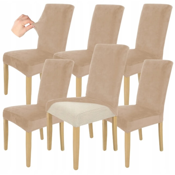 Set 6 buc, Huse pentru scaune, HomeDesign, Flexibil, Ideal pentru living, dormitor, Usor de curatat, Material gros si moale, Velur, 58 cm x 45 cm x 48 cm, Bej
