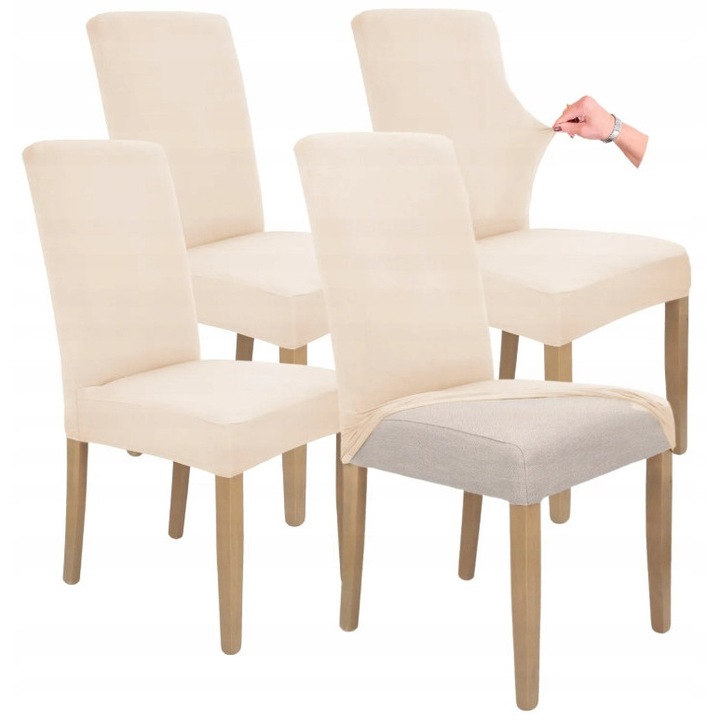 Set 4 buc, Huse pentru scaune, HomeDesign, Elastic, Ideal pentru living, dormitor, Usor de curatat, Material gros si moale, Elastan, 58 cm x 45 cm x 48 cm, Bej deschis