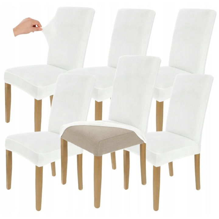 Set 6 buc, Huse pentru scaune, HomeDesign, Ideal pentru living, dormitor, Usor de curatat, Elastic, Material gros si moale, Velur, 51 cm x 40 cm x 45 cm, Alb