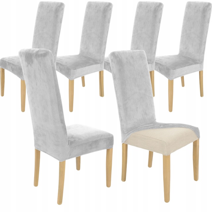Set 6 buc, Huse pentru scaune, HomeDesign, Flexibil, Ideal pentru living, dormitor, Usor de curatat, Material gros si moale, Velur, 58 cm x 45 cm x 48 cm, Gri deschis
