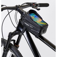 Geanta bicicleta cadru, Negru carbon, Dimenziuni 17.5x10.5x9.5 cm, Borseta bicicleta cu suport telefon, Impermeabila, Pentru ciclism, MTB, Montare rapida, Vizor de soare