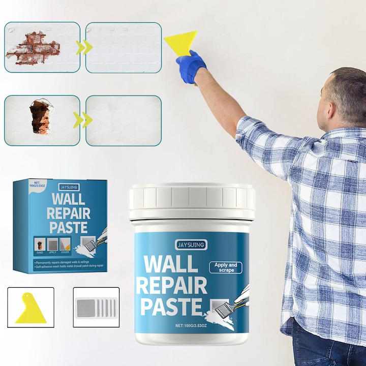 Set chit pentru reparat peretii instant, Lecheng®, cu petic de perete, razuitor, pentru reparat gauri, zgarieturi, cu uscare rapida, tip pasta, 100g