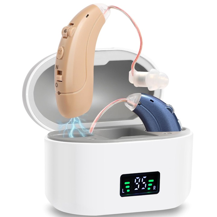 Слухов апарат Kenoeestar® Premium x2, с батерия, със станция за зареждане, усилвател на звука 130 dB, умерена до тежка загуба на слуха, 10 адаптера за уши, за възрастни, телесен / син цвят