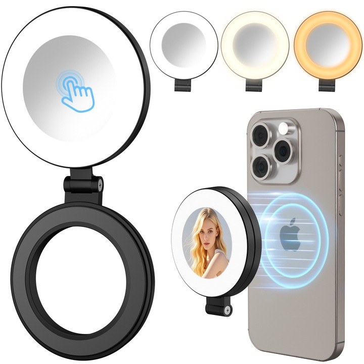 Camaterlot Lampa LED Magnetica Portabila, pentru selfie/foto/video, 2700K-7000K, 3 moduri, cu oglinda, rotire 220°, compatibila cu camera/GoPro/telefon, Negru