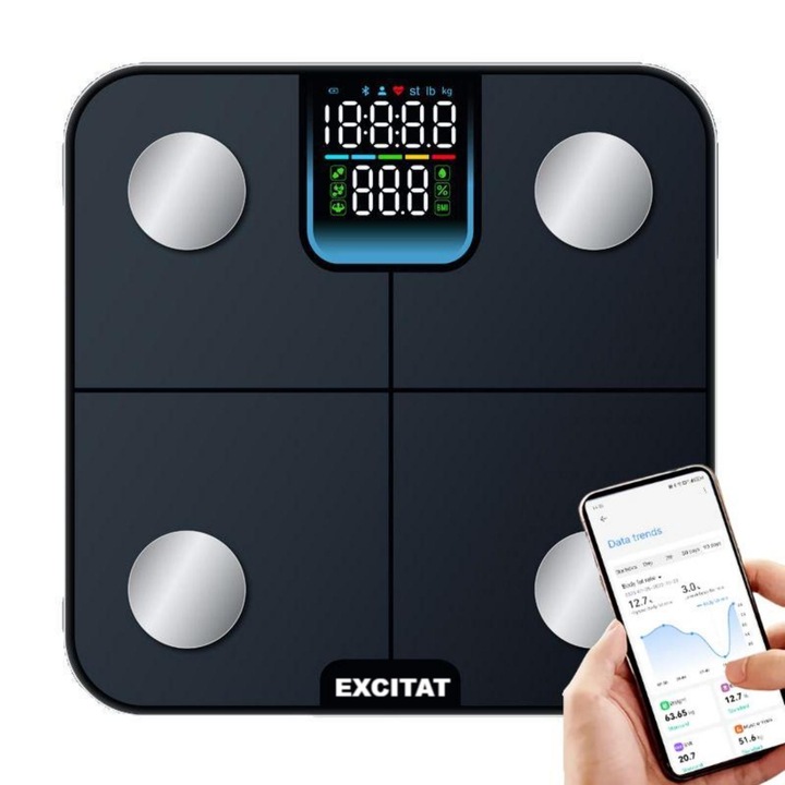 Интелигентен кантар 24 функции за измерване, Excitat®, 0.2-180 кг, 0.2-180 кг, Bluetooth, приложение за телефон, LCD дисплей, Закалено стъкло, Батерии, Черен