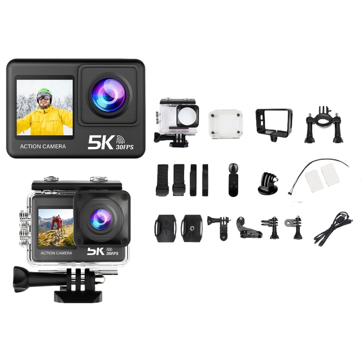 Camera sport, 5K Ultra HD, 50 MP, Anti-Shake, Waterproof, 170° Wide Angle, Built-in WiFi, Micro HDMI, Touchscreen, Wireless Mic + Remote 2-in-1, Negru