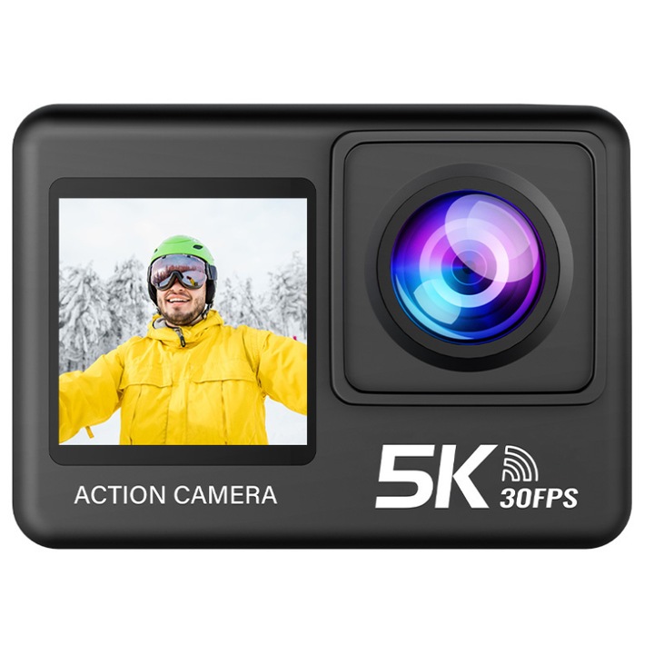 Sportkamera, 5K Ultra HD, 50 MP, Rázkódásmentes, Vízálló, 170°-os széles látószög, Beépített WiFi, Micro HDMI, Érintőképernyő, Vezeték nélküli mikrofon + Távirányító 2 az 1-ben, Fekete