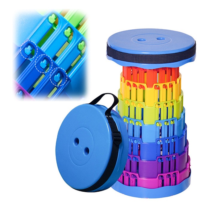 Scaun portabil, Upgrade-a doua generatie telescopic rotund scaun， Portabil, retractabil, pliabil, in aer liber, camping, pescuit, Multicolor, 25*25*45cm, material plastic
