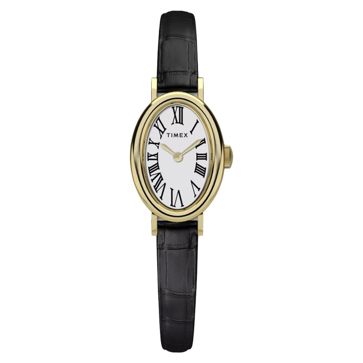 Ceas dama Timex TW2W78300 Cavatina, curea piele neagra, carcasa galbena, diametru 19mm, grosime 8mm, rezistent la stropi 30m