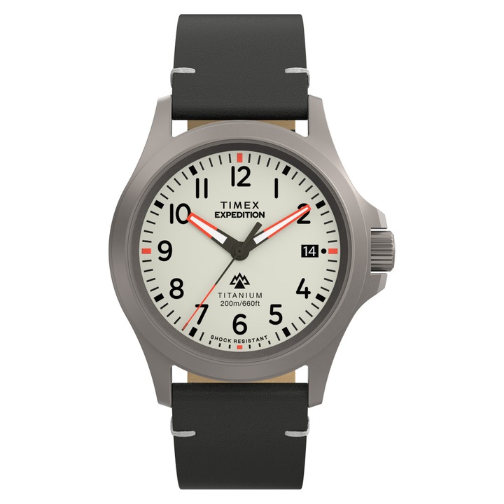 Ceas barbatesc Timex Expedition Titanium, crem, curea piele neagra, 38x12mm