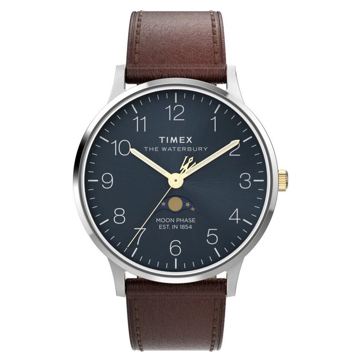 Ceas barbatesc Timex Waterbury, cadran albastru, curea din piele maro, carcasa rotunda 40x10mm, rezistent la apa 50m