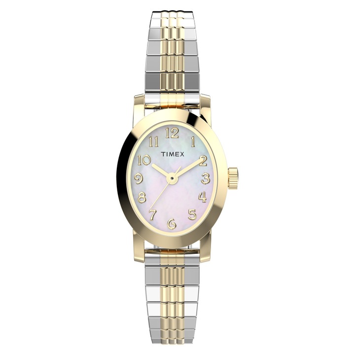 Ceas dama Timex Cavatina, bratara din inox carcasa galbena, rezistent la apa 30m, Alb, Bicolor