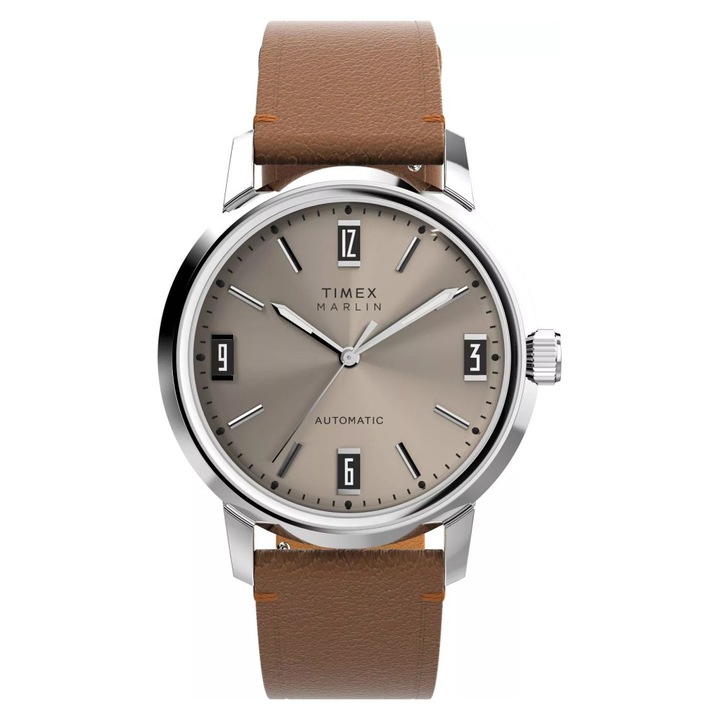 Ceas barbatesc Timex Marlin Automatic, 40x13mm, carcasa argintie, cadran crem, curea din piele maro, 50m rezistenta la apa