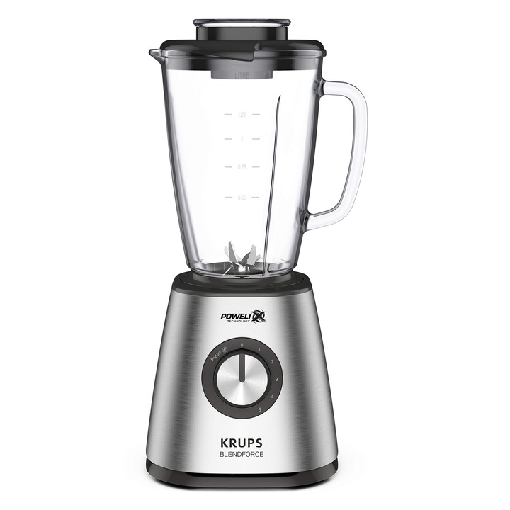 Вертикален миксер Krups Kb439D Blendforce, 2800 вата, 5 скорости, импулсна функция, 1,75-литров стъклен термоконтейнер (полезен обем: 1,25 литра), удароустойчива трошачка за лед, неръждаема стомана