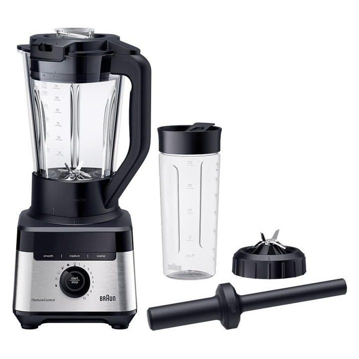 Блендер Braun Powerblend 7 Jb7551Bk, стъклен буркан 1.7 л, 10 скорости + импулсен режим, автоматични програми за храна, нож Precisioncrush, програма за почистване, тампер и 600 мл стъкло, 1400 W, черен