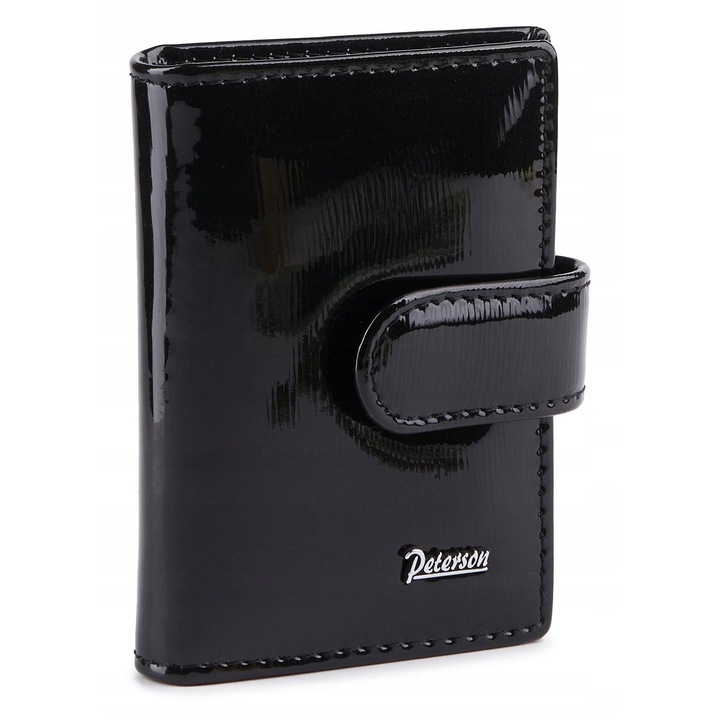 Etui Din Piele Pentru Documente, Peterson, Piele Naturala Lacuita, 10.5x8.5x2 cm, Produs Pentru Femei, Inchidere Cu Doua Trepte Cu Capse, Numar De Compartimente Pentru Carduri Si Vizit Card 20, Negru
