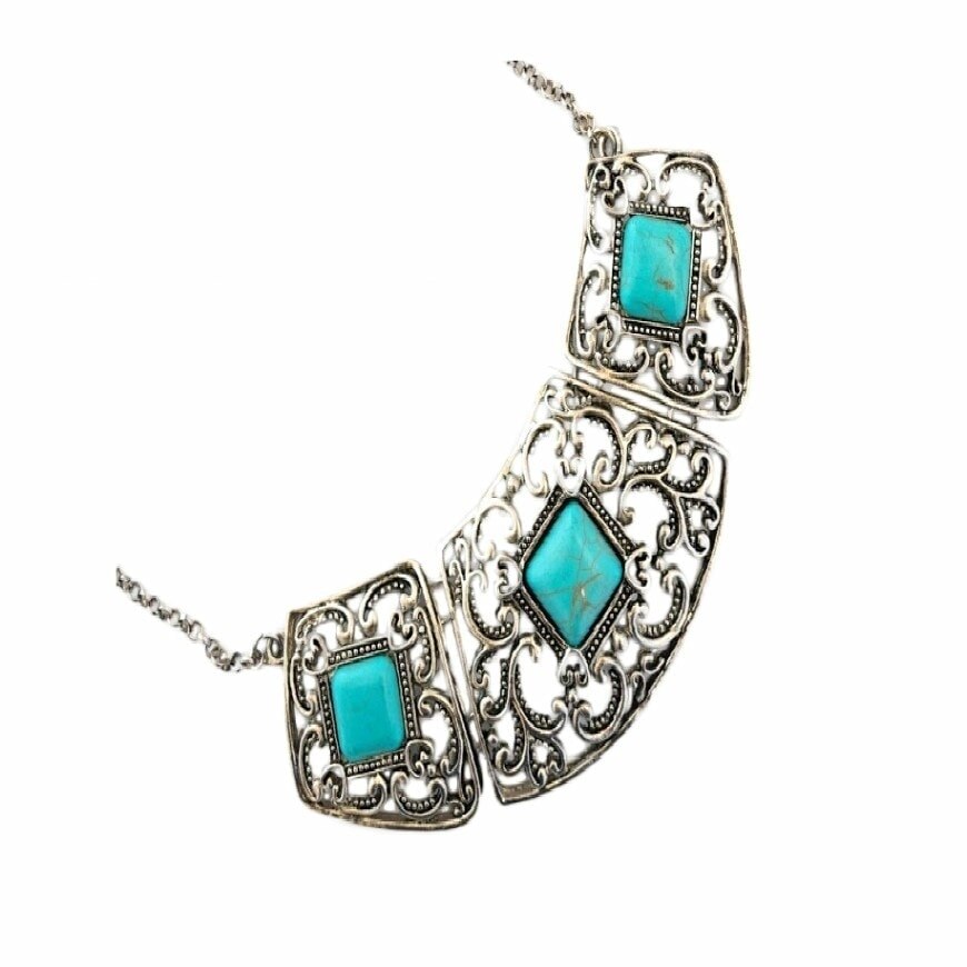 Colier brodery AA cu trei pietre turcoaz