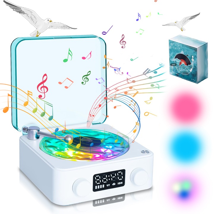 CD-lejátszó, 4 üzemmód, 3 világítási mód, Puepoul, sztereó surround hangzás, Bluetooth 5.0, hangszóró retró pick-up dizájnnal, állítható fény- és időzítő funkcióval, ideális hálószobába, irodába vagy bulikba, 142x142x65mm, fehér