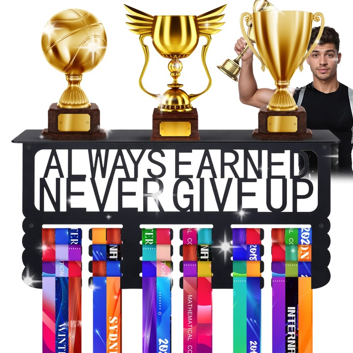 Suport medalii Never Give Up, Puepoul, Suport usor de montat pentru medalii, cu polita pentru trofee, ideal pentru medalii de alergare, lupte si competitii sportive, 40x20 cm, Negru