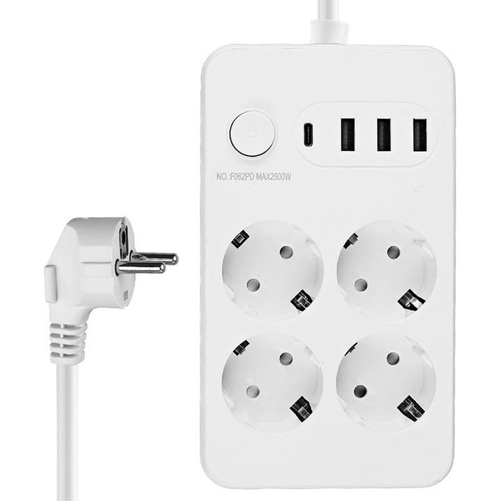 Prelungitor 2500W, 2m cablu, 4 prize/3 USB-A/1 USB-C, 8-in-1, montare pe perete, alb, 5.5x16x21cm