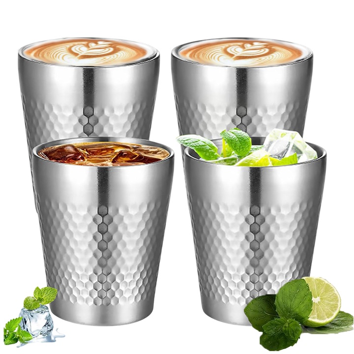 Комплект от 4 чаши, неръждаема стомана, 300 мл, за топли и студени напитки, топлоизолация и защита от изгаряне, за сок, бира, кафе, чай и коктейл, сребрист