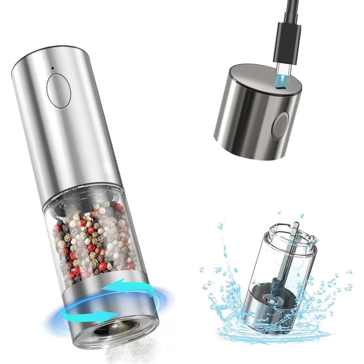 Rasnita electrica reincarcabila, Nicerpro, otel inoxidabil, Reglare Grosime Macinare, lumina LED, 95ML, Inox