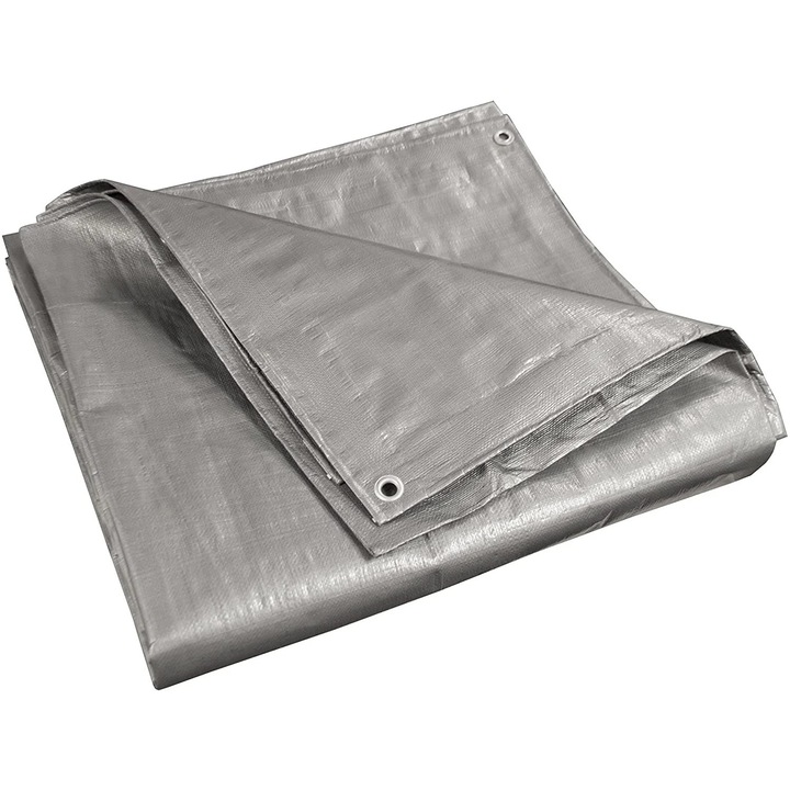 Prelata impermeabila universala, 8x12 m, densitate 100g/mﾲ, inele de prindere metalice, culoare argintie