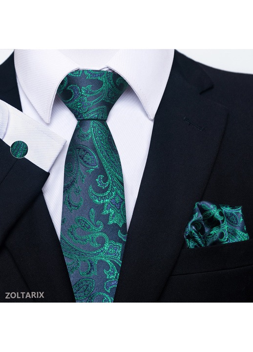 Set Cravata cu Batista si Butoni si Ac de cravata, ZOLTARIX,147 x 8 cm, Polyester, Potrivit pentru petreceri de dans, nunti, banchete, afaceri, Confortabila si moale, Verde