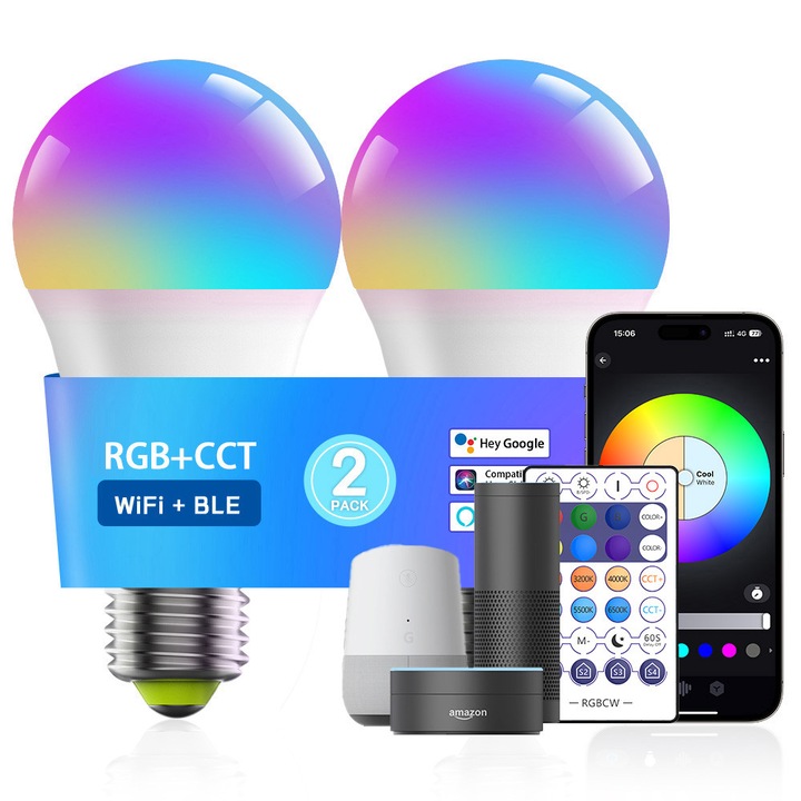 Комплект от 2 смарт RGB LED крушки Camaterlot, E27, 10w, 800lm, 2700k-6500k, Wi-Fi и Bluetooth, Alexa/Google Voice Control, дистанционно управление и приложение, таймер, енергиен клас F