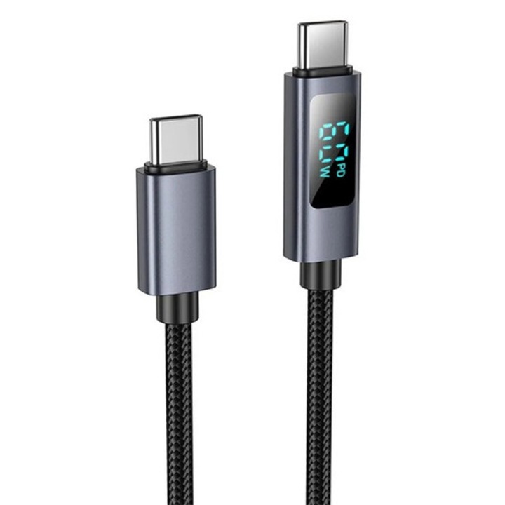 Hoco u112 adatkábel, type-c - type-c, 60w, pd gyorstöltő, 100cm, led kijelző, cipőfűző, fekete